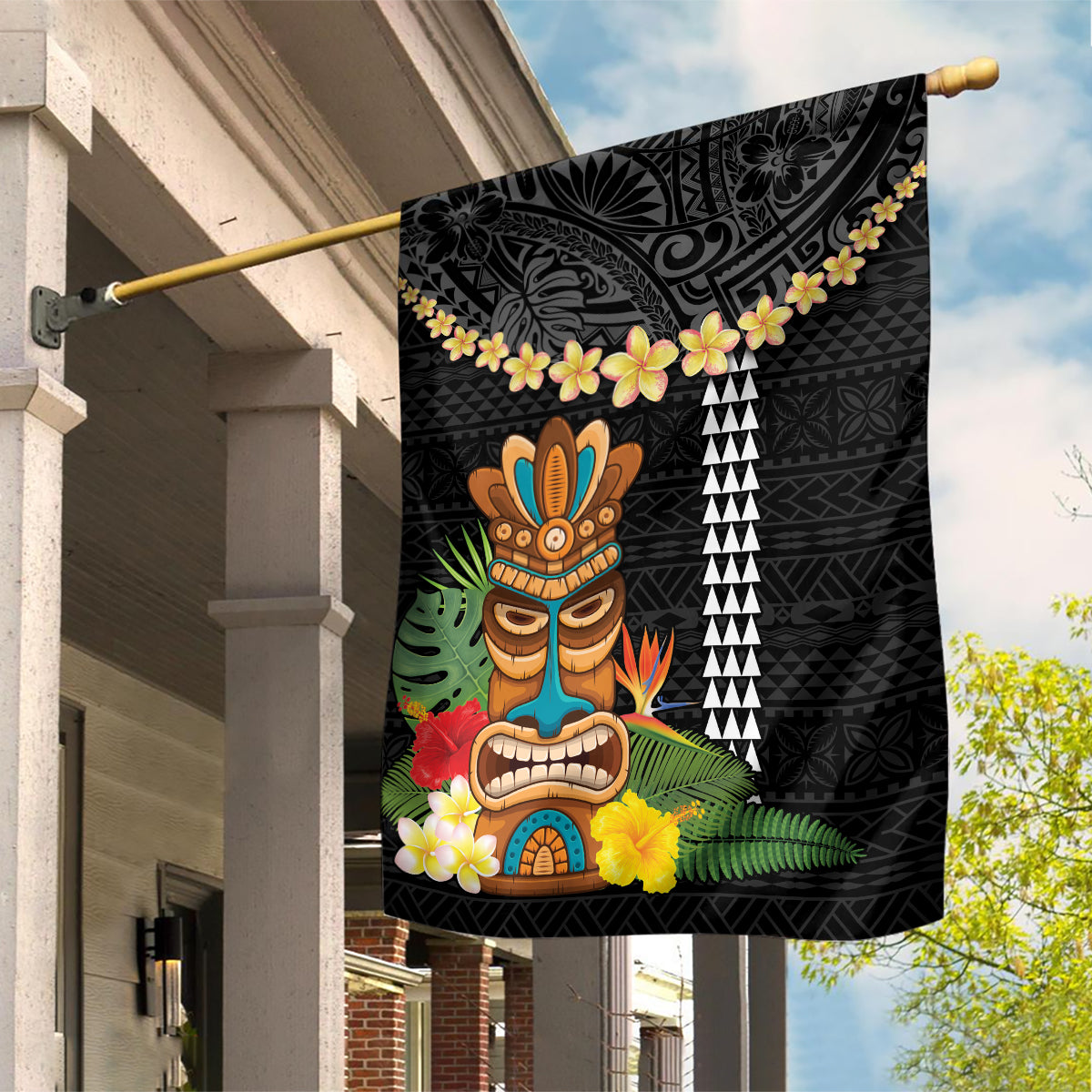 Hawaii Plumeria Lei Garden Flag Tiki and Kakau Pattern Black Color LT03 House Flag Black - Polynesian Pride