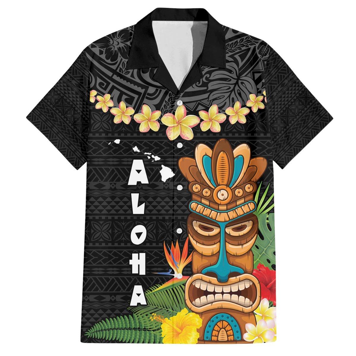 Hawaii Plumeria Lei Hawaiian Shirt Tiki and Kakau Pattern Black Color LT03 Black - Polynesian Pride