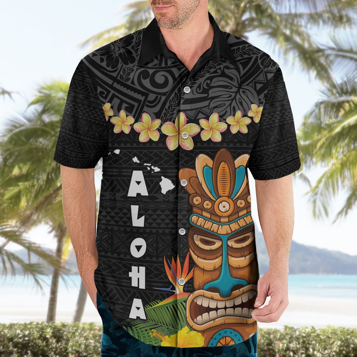 Hawaii Plumeria Lei Hawaiian Shirt Tiki and Kakau Pattern Black Color LT03 - Polynesian Pride