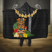 Hawaii Plumeria Lei Hooded Blanket Tiki and Kakau Pattern Black Color LT03 One Size Black - Polynesian Pride