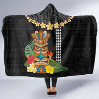 Hawaii Plumeria Lei Hooded Blanket Tiki and Kakau Pattern Black Color LT03 - Polynesian Pride