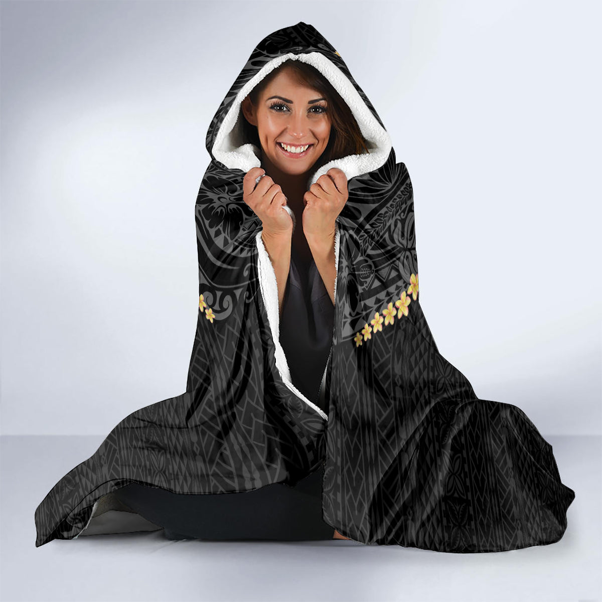Hawaii Plumeria Lei Hooded Blanket Tiki and Kakau Pattern Black Color LT03 - Polynesian Pride
