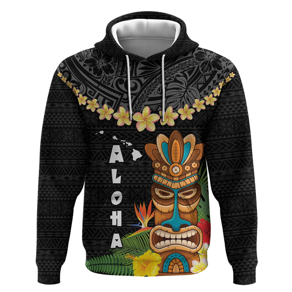 Hawaii Plumeria Lei Hoodie Tiki and Kakau Pattern Black Color