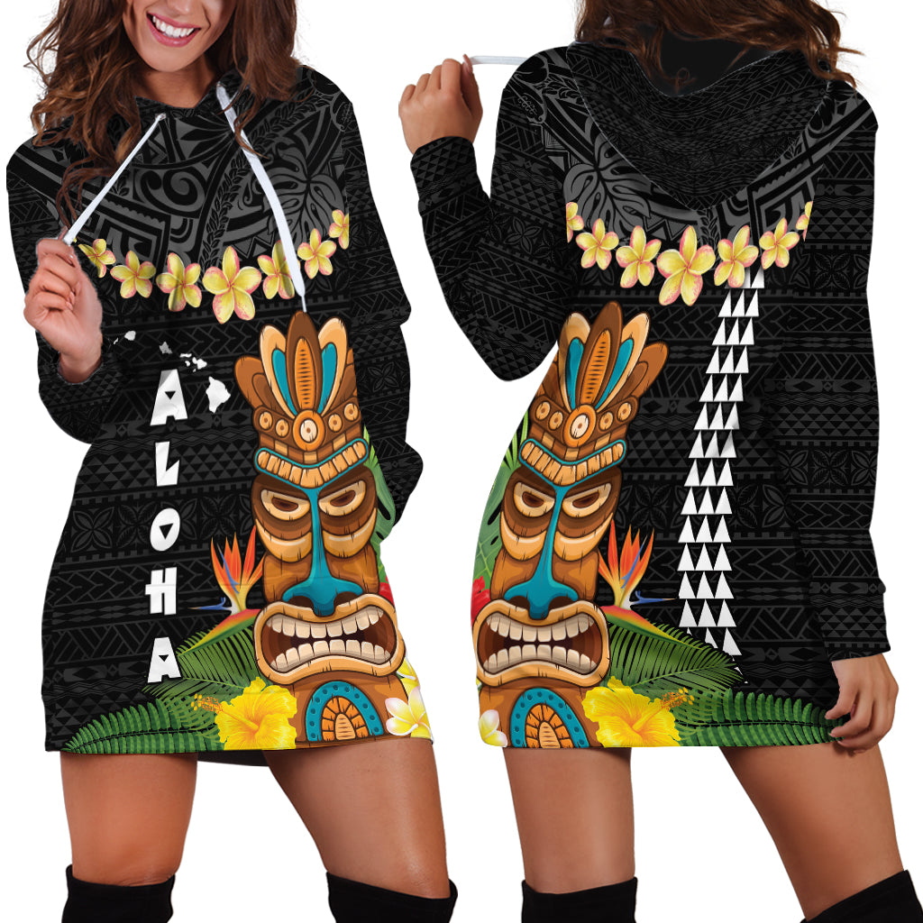 Hawaii Plumeria Lei Hoodie Dress Tiki and Kakau Pattern Black Color LT03 - Polynesian Pride