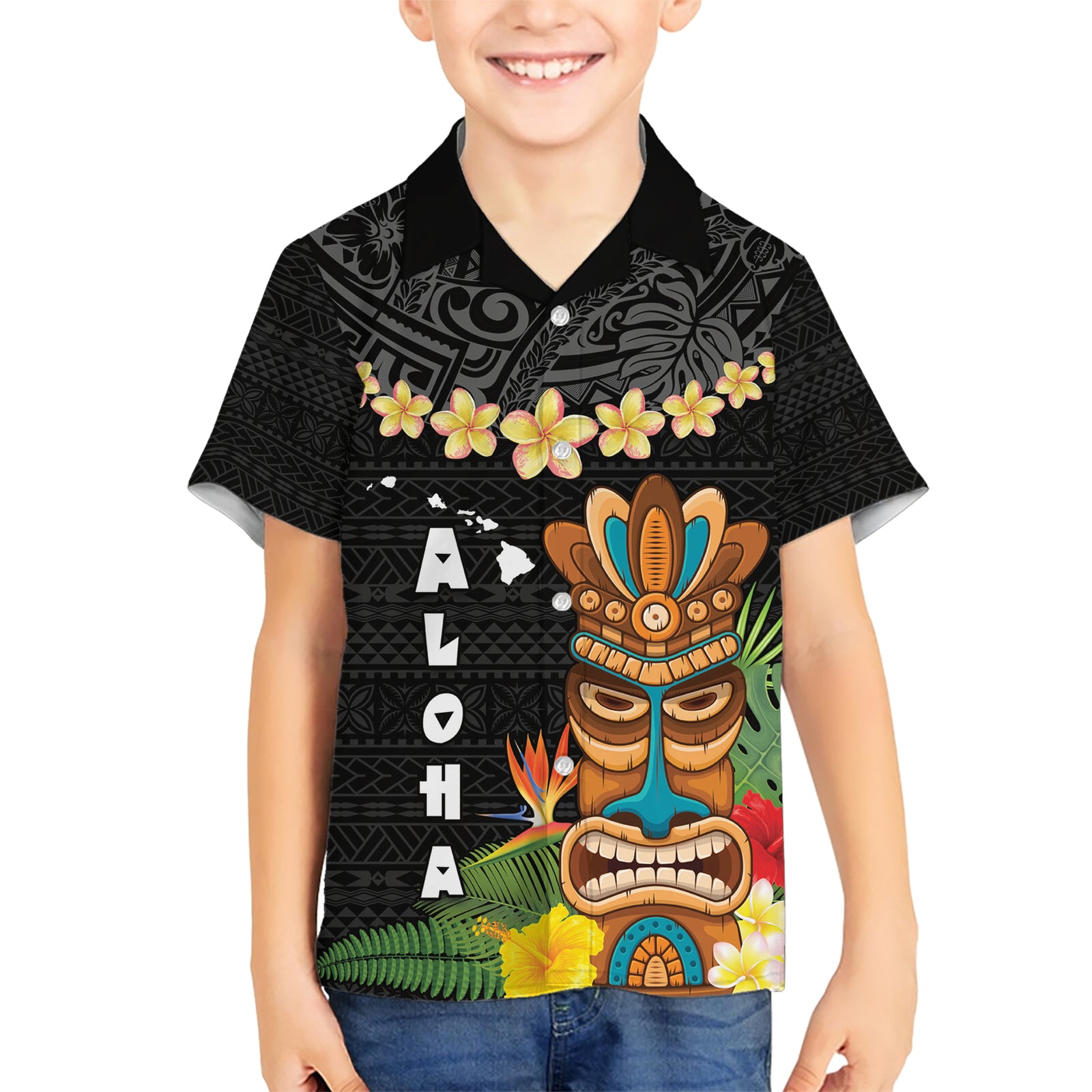 Hawaii Plumeria Lei Kid Hawaiian Shirt Tiki and Kakau Pattern Black Color LT03 Kid Black - Polynesian Pride