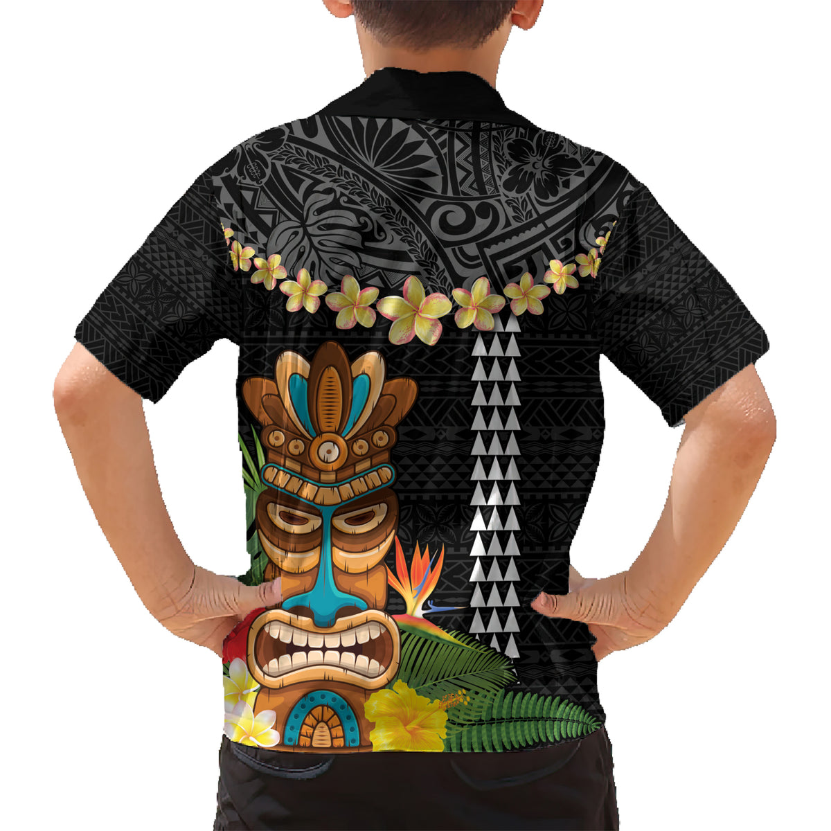 Hawaii Plumeria Lei Kid Hawaiian Shirt Tiki and Kakau Pattern Black Color LT03 - Polynesian Pride