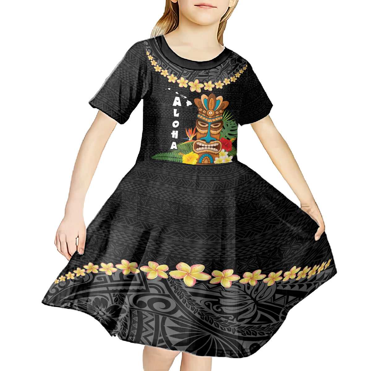 Hawaii Plumeria Lei Kid Short Sleeve Dress Tiki and Kakau Pattern Black Color LT03 - Polynesian Pride