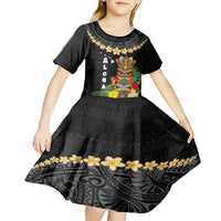 Hawaii Plumeria Lei Kid Short Sleeve Dress Tiki and Kakau Pattern Black Color LT03 - Polynesian Pride