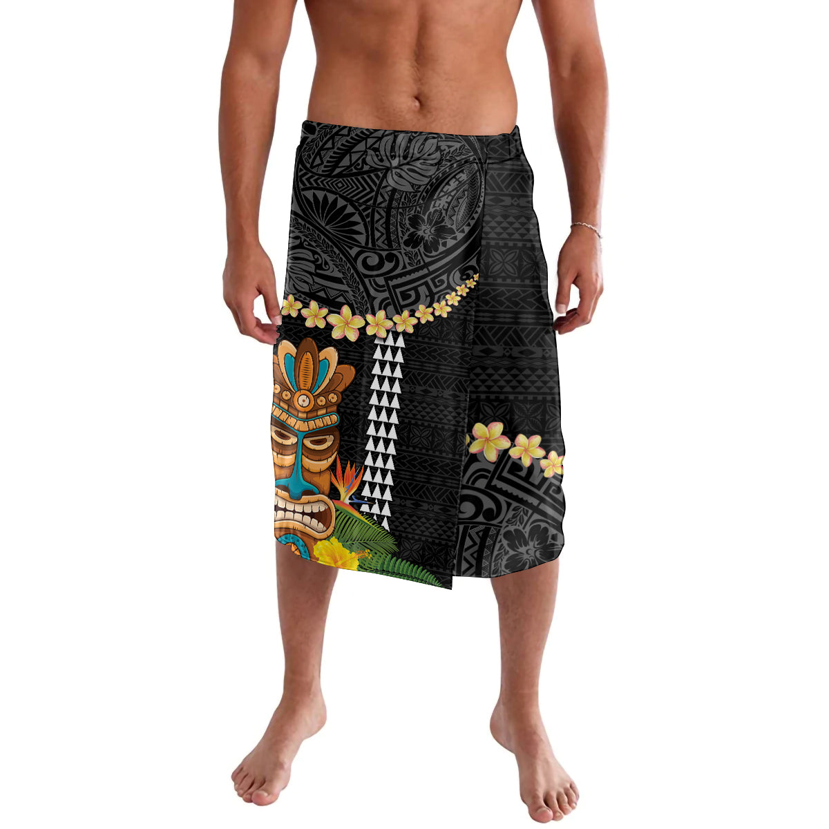 Hawaii Plumeria Lei Lavalava Tiki and Kakau Pattern Black Color LT03 Black - Polynesian Pride