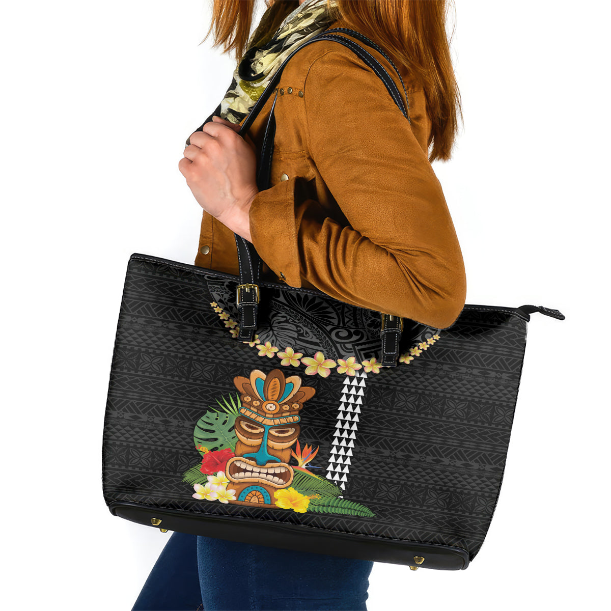 Hawaii Plumeria Lei Leather Tote Bag Tiki and Kakau Pattern Black Color LT03 Black - Polynesian Pride