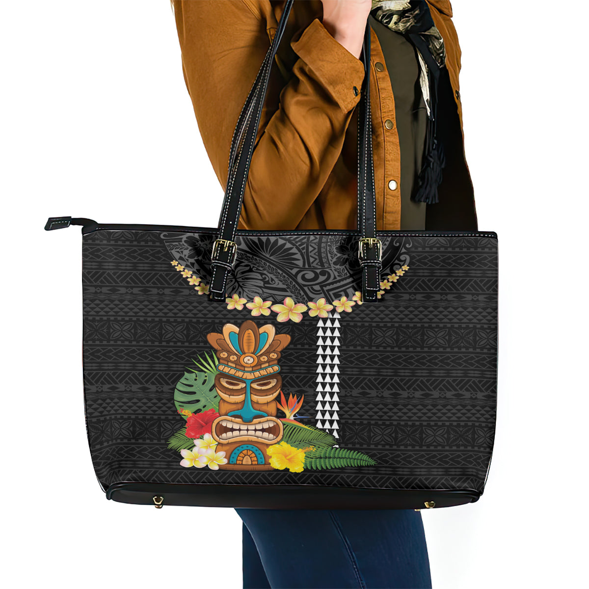 Hawaii Plumeria Lei Leather Tote Bag Tiki and Kakau Pattern Black Color LT03 - Polynesian Pride
