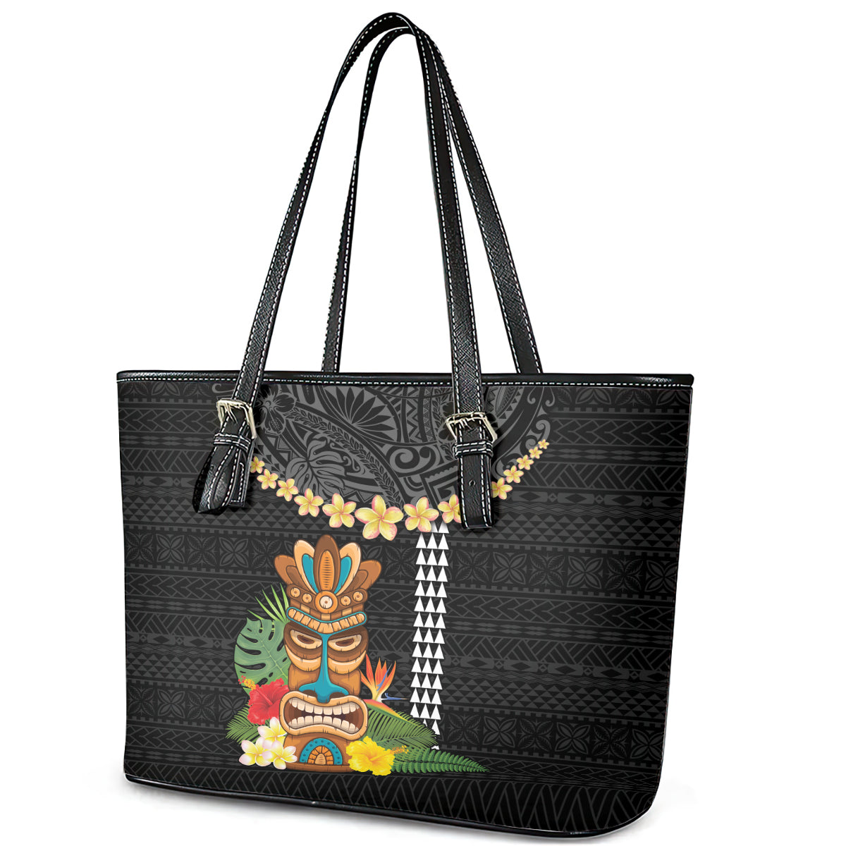 Hawaii Plumeria Lei Leather Tote Bag Tiki and Kakau Pattern Black Color LT03 - Polynesian Pride