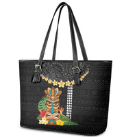 Hawaii Plumeria Lei Leather Tote Bag Tiki and Kakau Pattern Black Color LT03 - Polynesian Pride