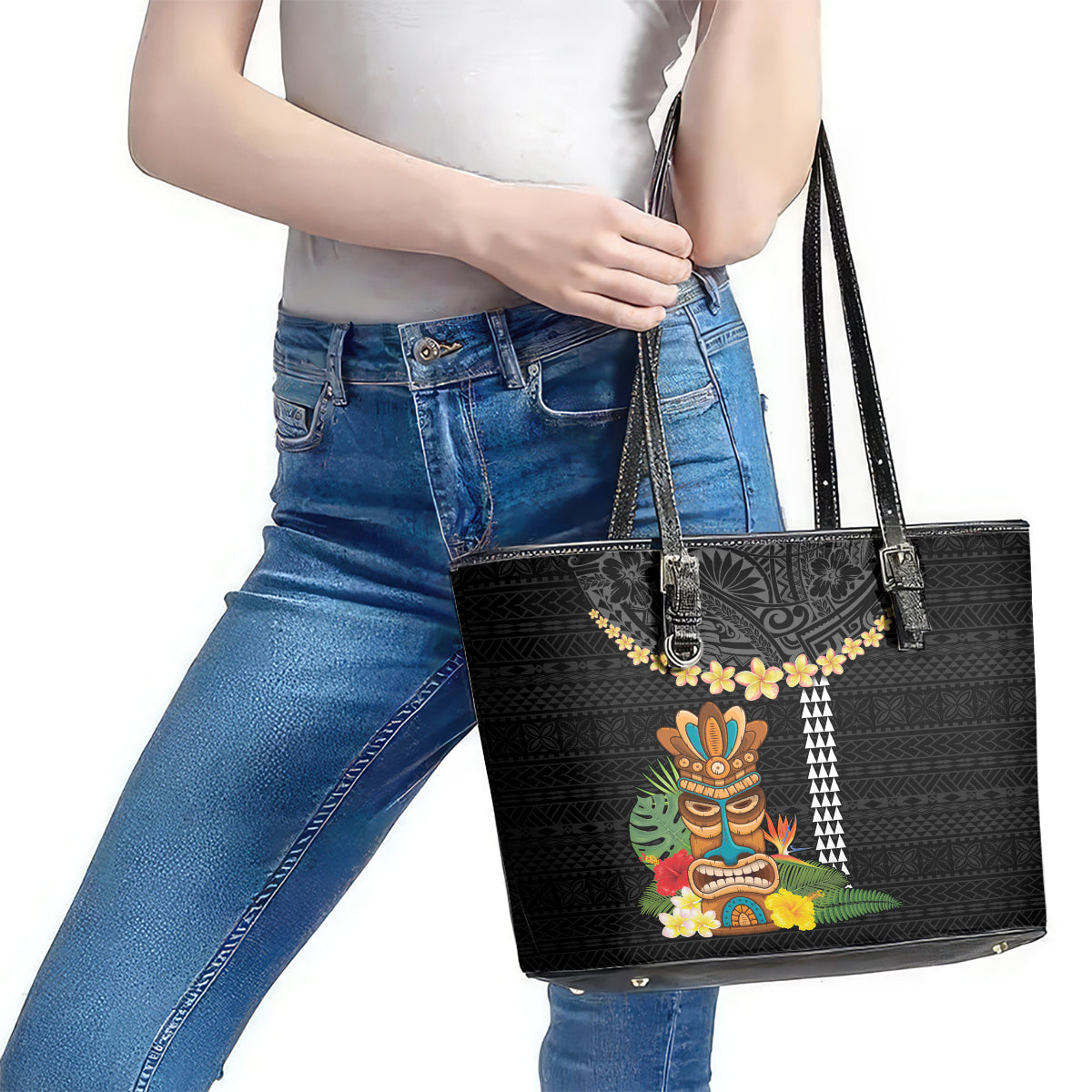 Hawaii Plumeria Lei Leather Tote Bag Tiki and Kakau Pattern Black Color LT03 - Polynesian Pride
