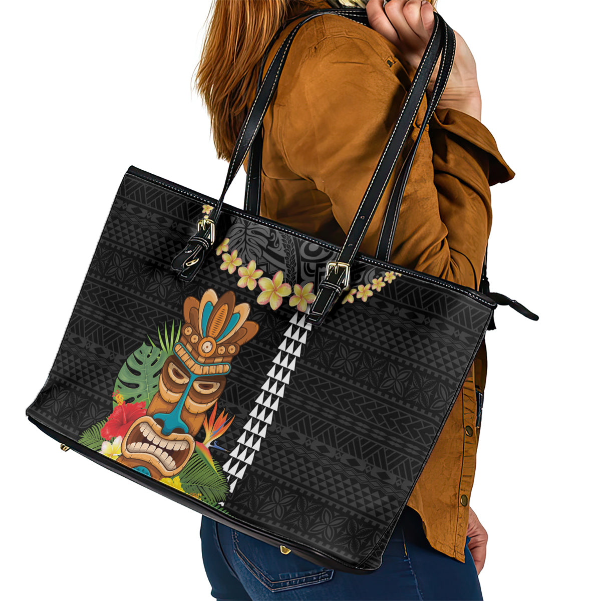 Hawaii Plumeria Lei Leather Tote Bag Tiki and Kakau Pattern Black Color LT03 - Polynesian Pride
