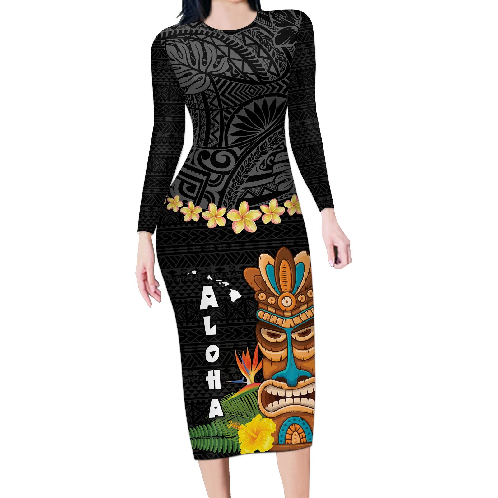 Hawaii Plumeria Lei Long Sleeve Bodycon Dress Tiki and Kakau Pattern Black Color