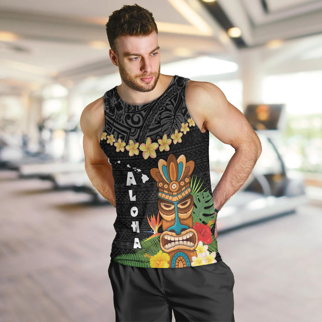 Hawaii Plumeria Lei Men Tank Top Tiki and Kakau Pattern Black Color LT03 Black - Polynesian Pride