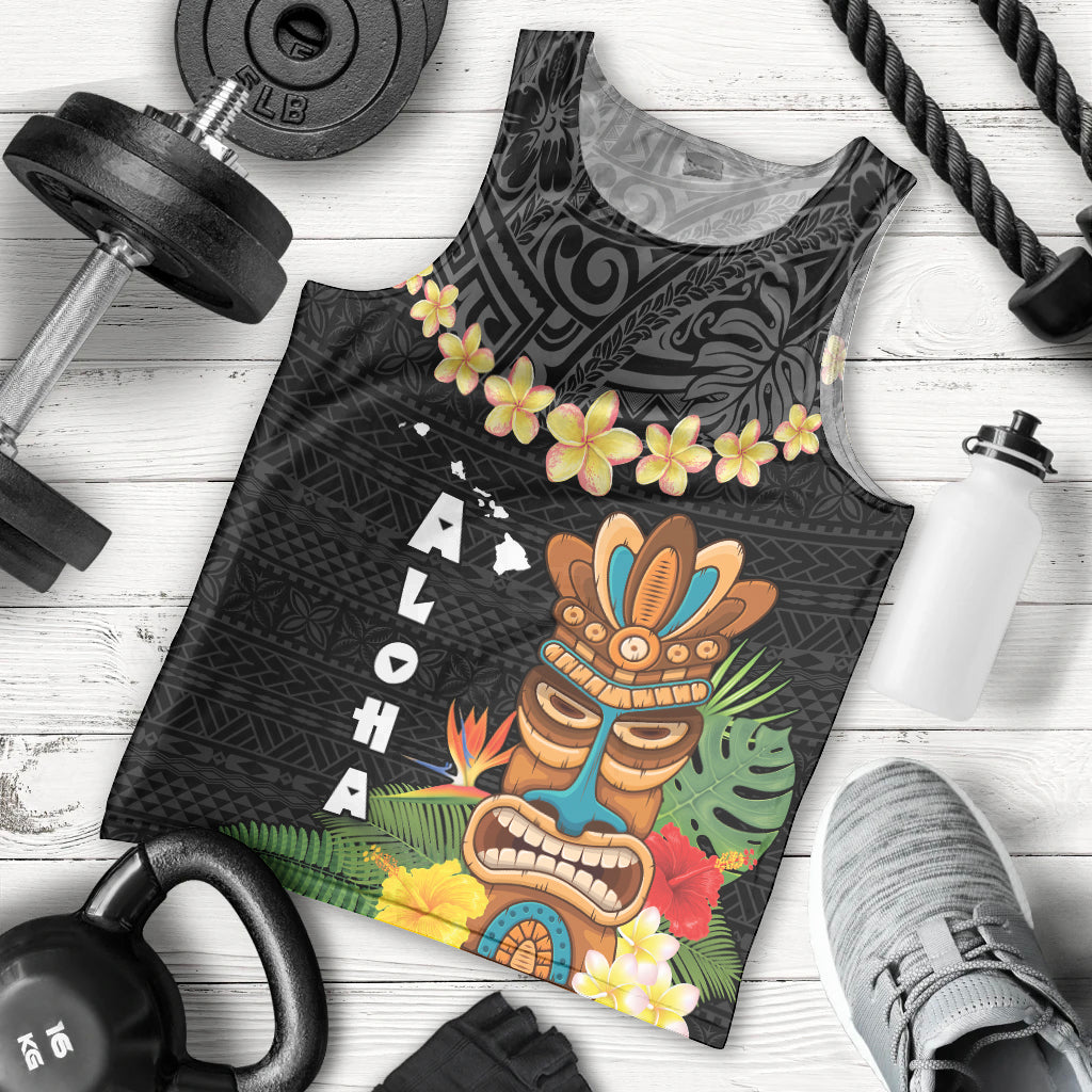 Hawaii Plumeria Lei Men Tank Top Tiki and Kakau Pattern Black Color LT03 - Polynesian Pride
