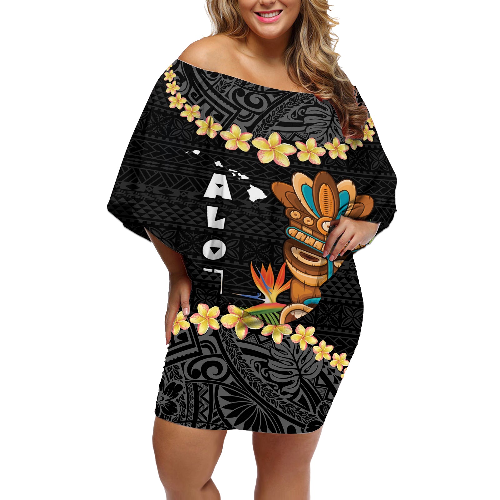 Hawaii Plumeria Lei Off Shoulder Short Dress Tiki and Kakau Pattern Black Color