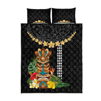 Hawaii Plumeria Lei Quilt Bed Set Tiki and Kakau Pattern Black Color LT03 - Polynesian Pride