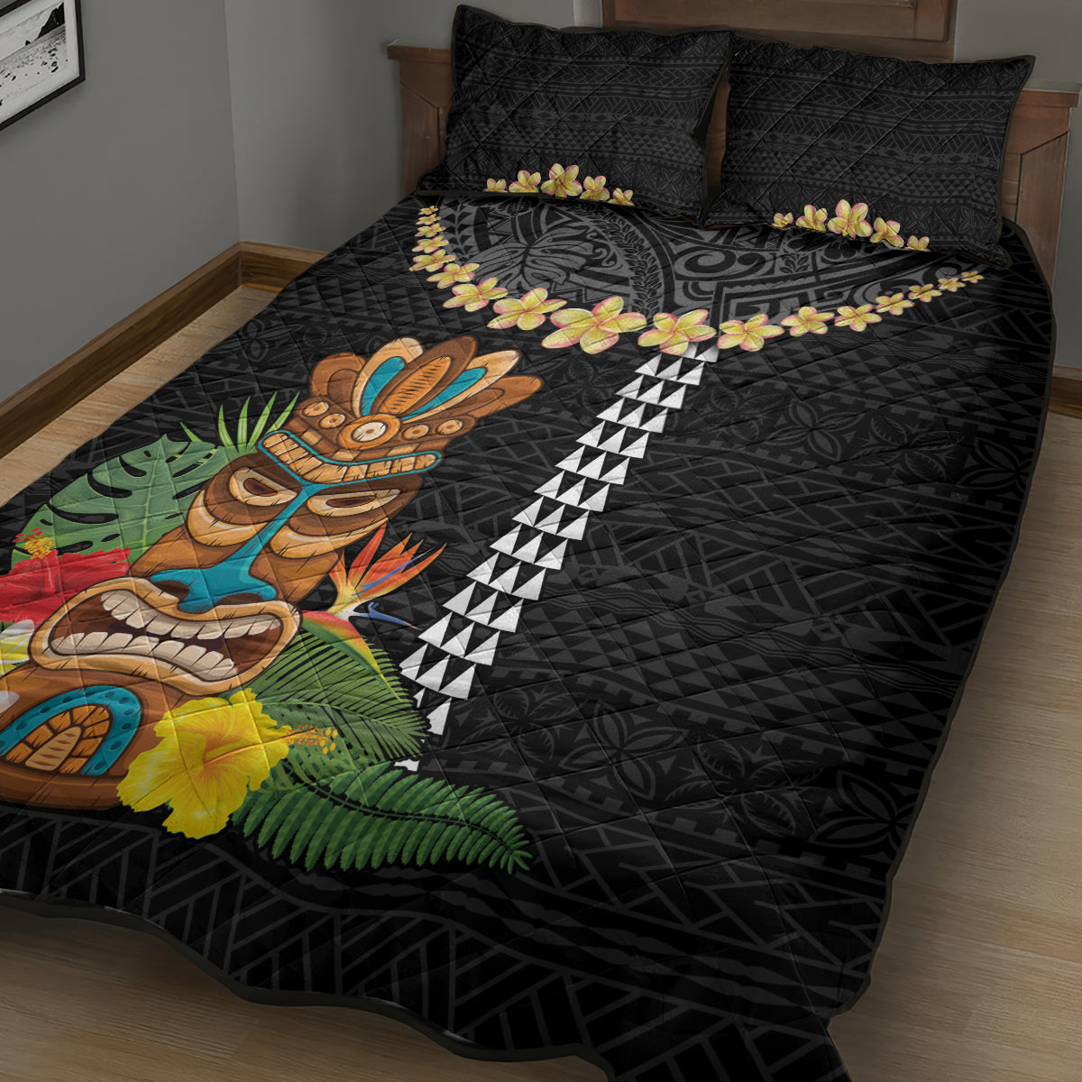 Hawaii Plumeria Lei Quilt Bed Set Tiki and Kakau Pattern Black Color LT03 - Polynesian Pride