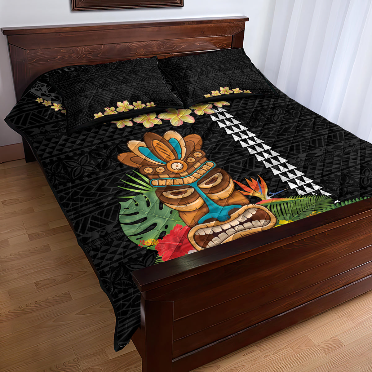 Hawaii Plumeria Lei Quilt Bed Set Tiki and Kakau Pattern Black Color LT03 - Polynesian Pride