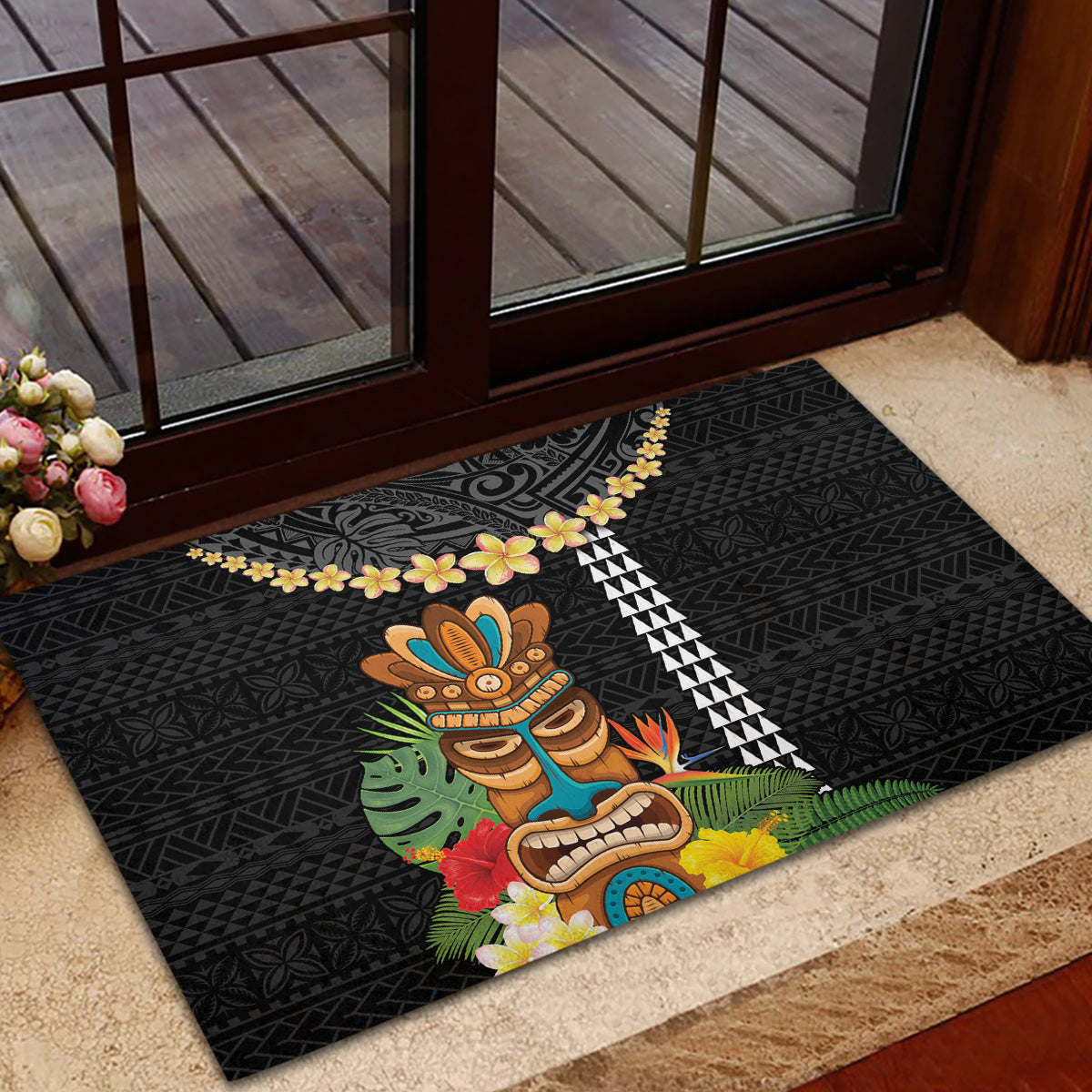 Hawaii Plumeria Lei Rubber Doormat Tiki and Kakau Pattern Black Color LT03 - Polynesian Pride