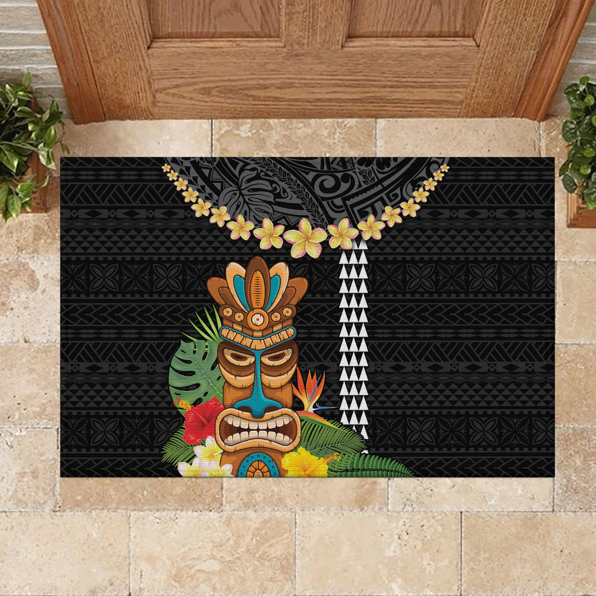 Hawaii Plumeria Lei Rubber Doormat Tiki and Kakau Pattern Black Color LT03 - Polynesian Pride
