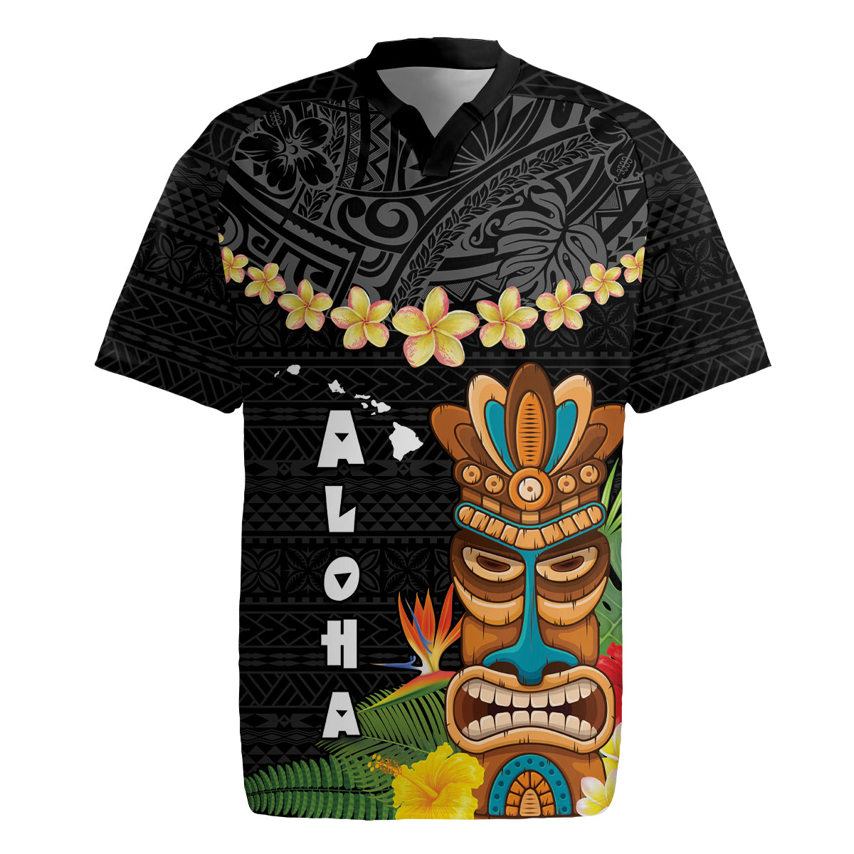 Hawaii Plumeria Lei Rugby Jersey Tiki and Kakau Pattern Black Color