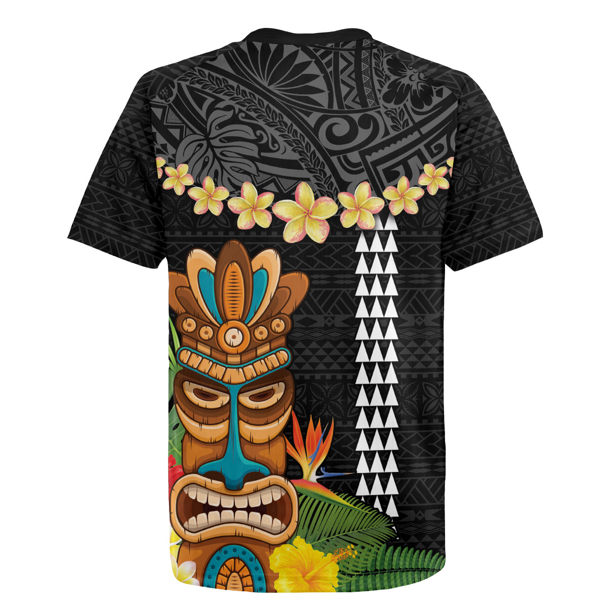 Hawaii Plumeria Lei Rugby Jersey Tiki and Kakau Pattern Black Color