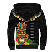 Hawaii Plumeria Lei Sherpa Hoodie Tiki and Kakau Pattern Black Color LT03 - Polynesian Pride