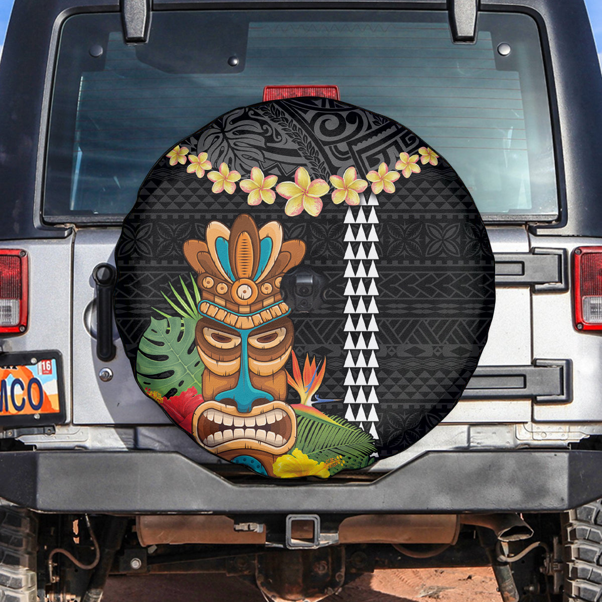 Hawaii Plumeria Lei Spare Tire Cover Tiki and Kakau Pattern Black Color