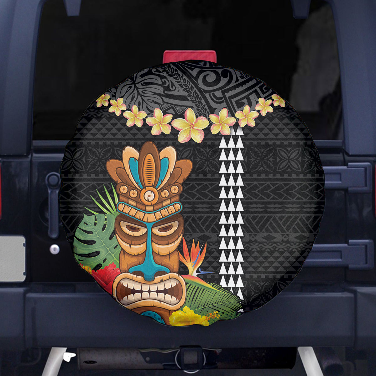 Hawaii Plumeria Lei Spare Tire Cover Tiki and Kakau Pattern Black Color LT03 - Polynesian Pride