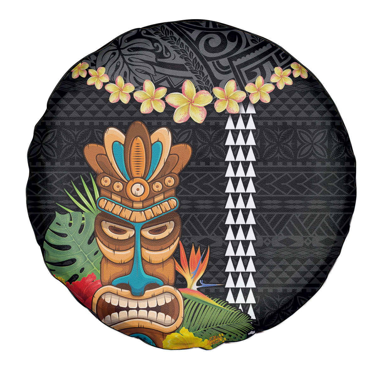 Hawaii Plumeria Lei Spare Tire Cover Tiki and Kakau Pattern Black Color LT03 - Polynesian Pride
