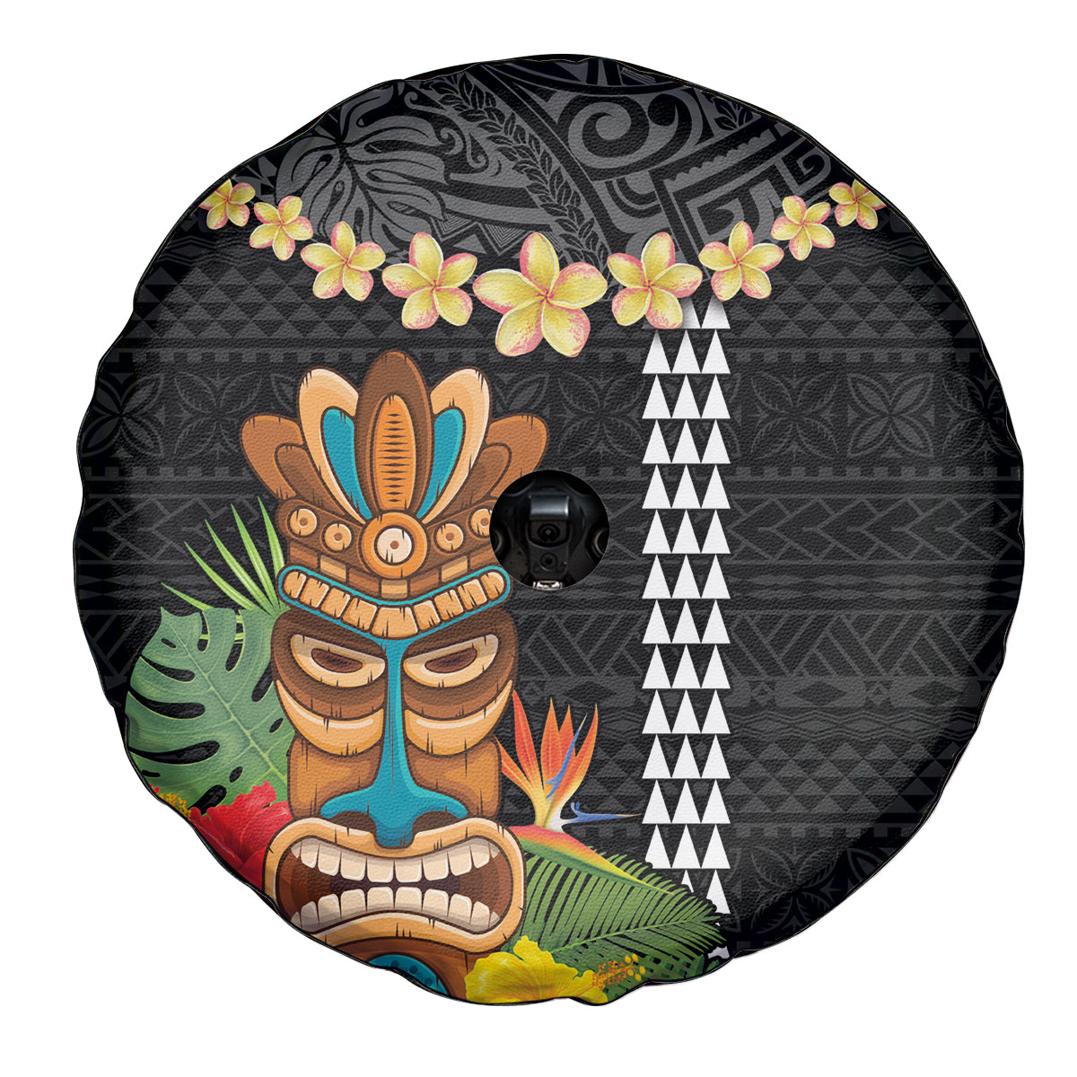 Hawaii Plumeria Lei Spare Tire Cover Tiki and Kakau Pattern Black Color LT03 - Polynesian Pride