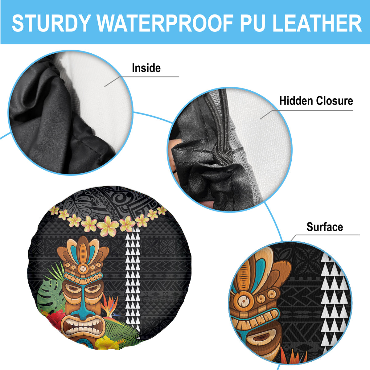 Hawaii Plumeria Lei Spare Tire Cover Tiki and Kakau Pattern Black Color LT03 - Polynesian Pride