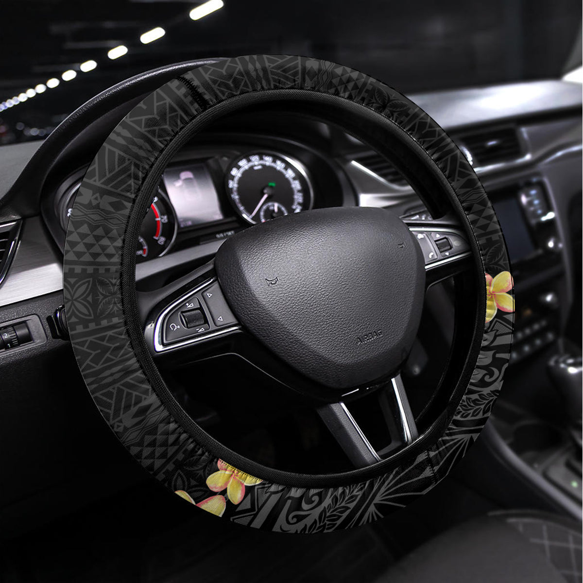 Hawaii Plumeria Lei Steering Wheel Cover Tiki and Kakau Pattern Black Color