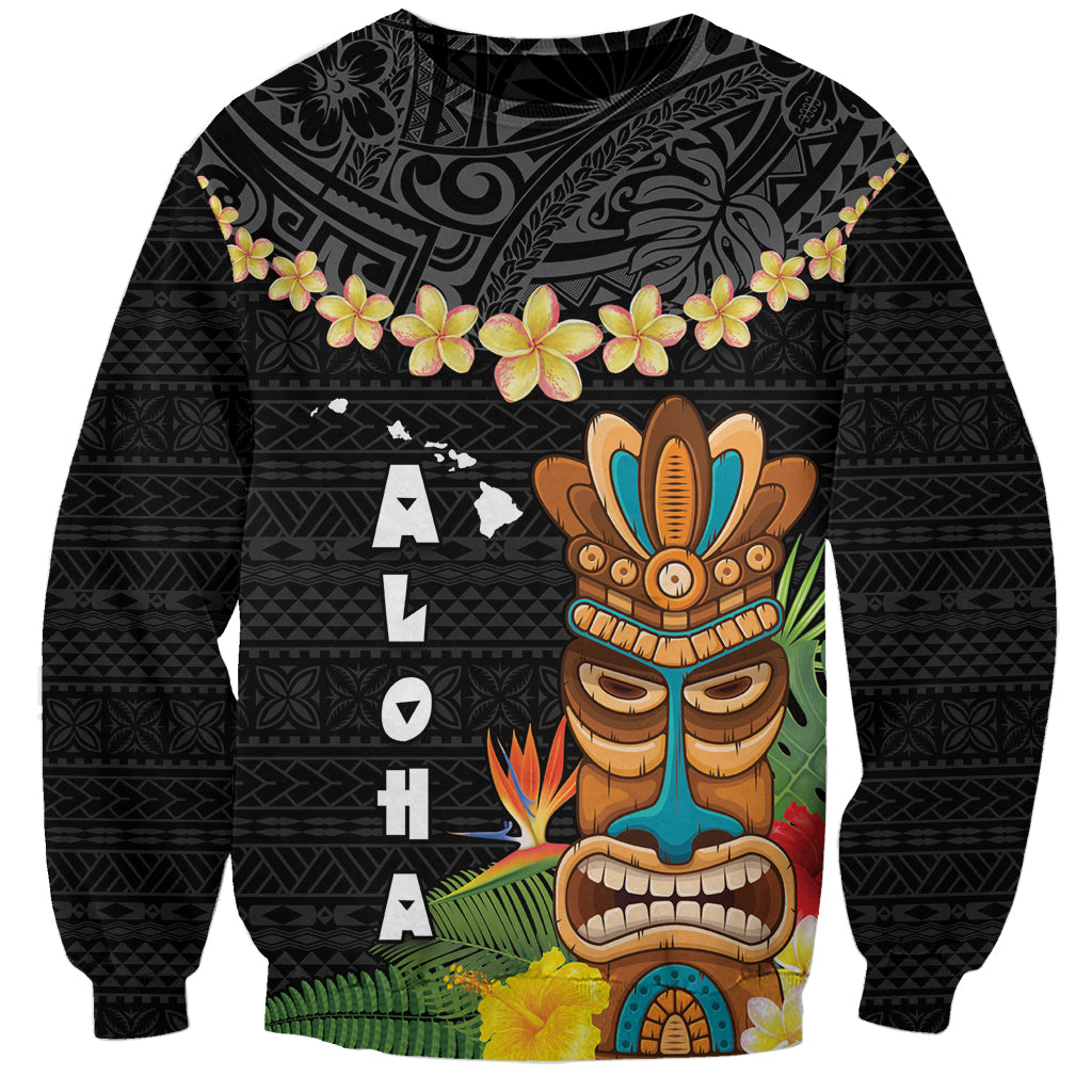Hawaii Plumeria Lei Sweatshirt Tiki and Kakau Pattern Black Color LT03 Unisex Black - Polynesian Pride