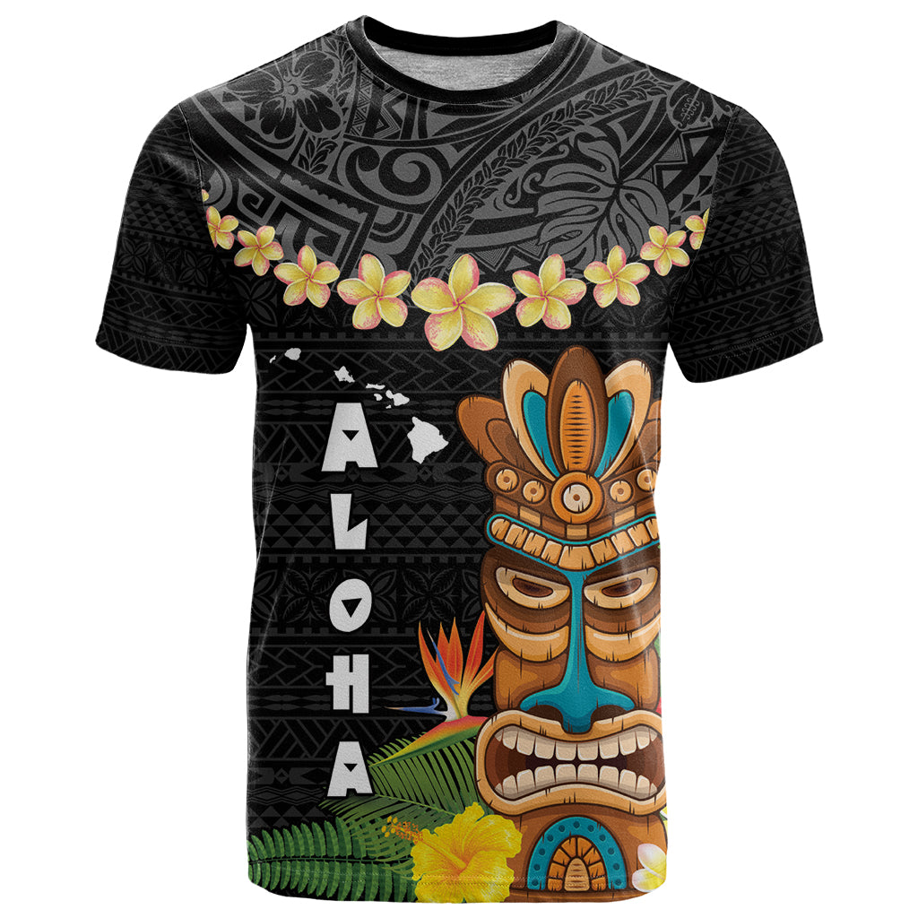 Hawaii Plumeria Lei T Shirt Tiki and Kakau Pattern Black Color