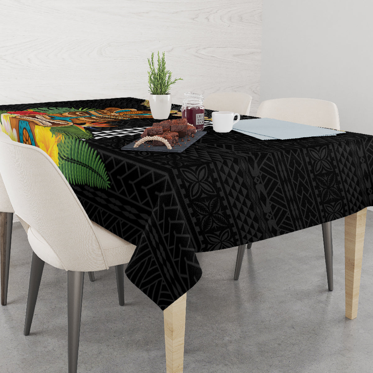 Hawaii Plumeria Lei Tablecloth Tiki and Kakau Pattern Black Color LT03 - Polynesian Pride