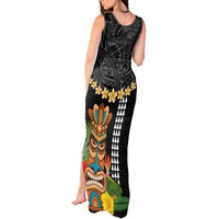 Hawaii Plumeria Lei Tank Maxi Dress Tiki and Kakau Pattern Black Color LT03 - Polynesian Pride