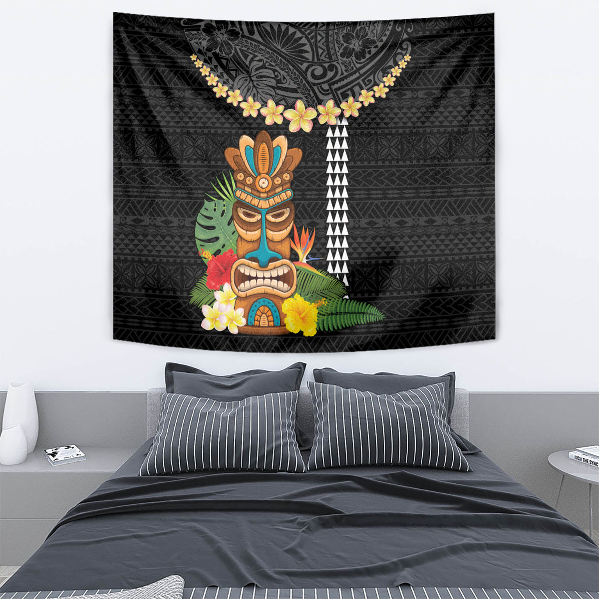 Hawaii Plumeria Lei Tapestry Tiki and Kakau Pattern Black Color LT03 - Polynesian Pride