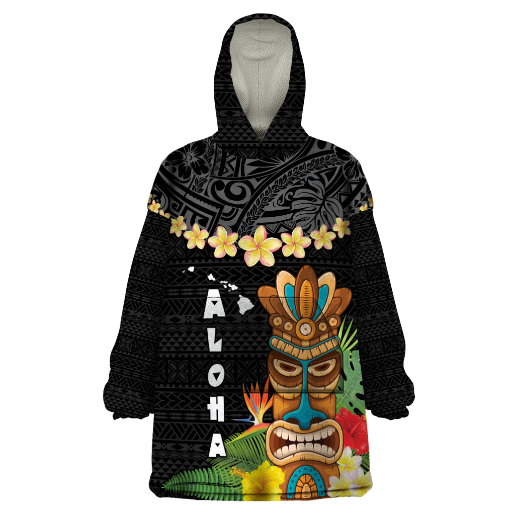 Hawaii Plumeria Lei Wearable Blanket Hoodie Tiki and Kakau Pattern Black Color