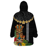 Hawaii Plumeria Lei Wearable Blanket Hoodie Tiki and Kakau Pattern Black Color LT03 - Polynesian Pride