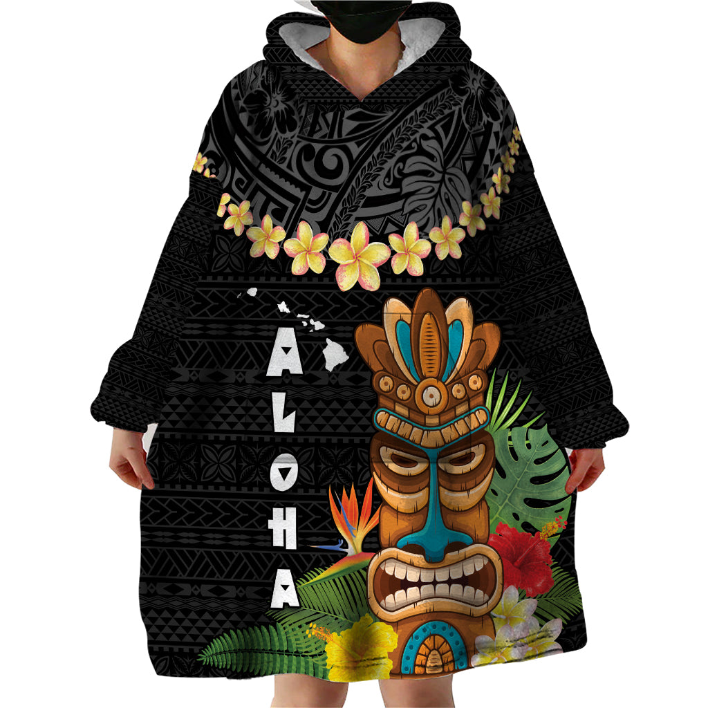 Hawaii Plumeria Lei Wearable Blanket Hoodie Tiki and Kakau Pattern Black Color LT03 - Polynesian Pride