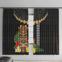 Hawaii Plumeria Lei Window Curtain Tiki and Kakau Pattern Black Color LT03 With Hooks Black - Polynesian Pride