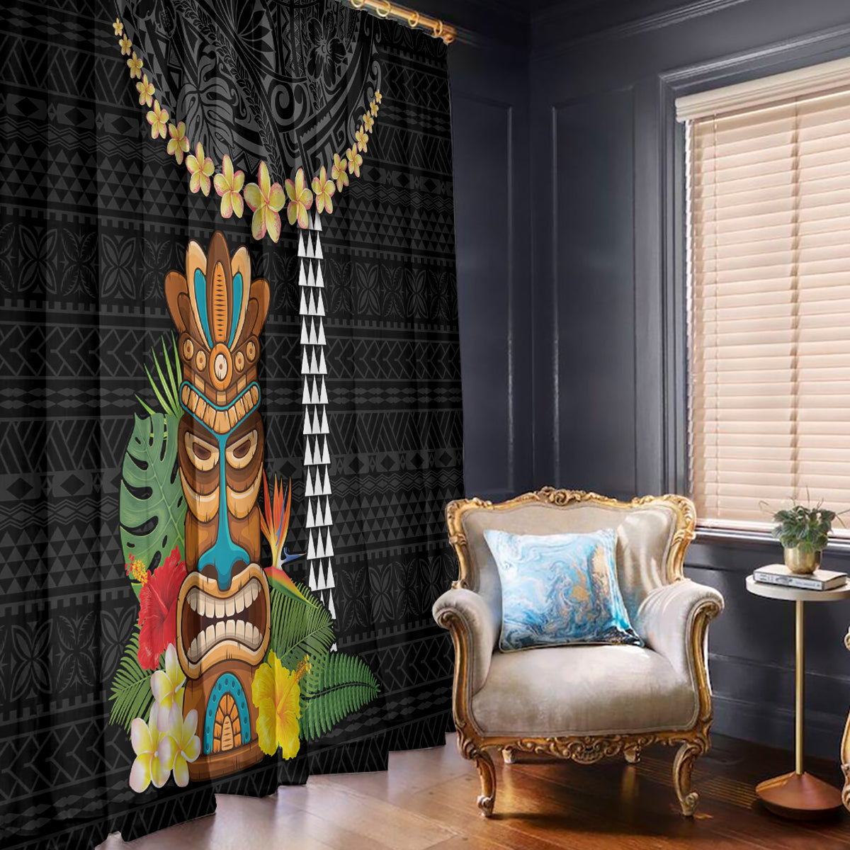 Hawaii Plumeria Lei Window Curtain Tiki and Kakau Pattern Black Color LT03 - Polynesian Pride