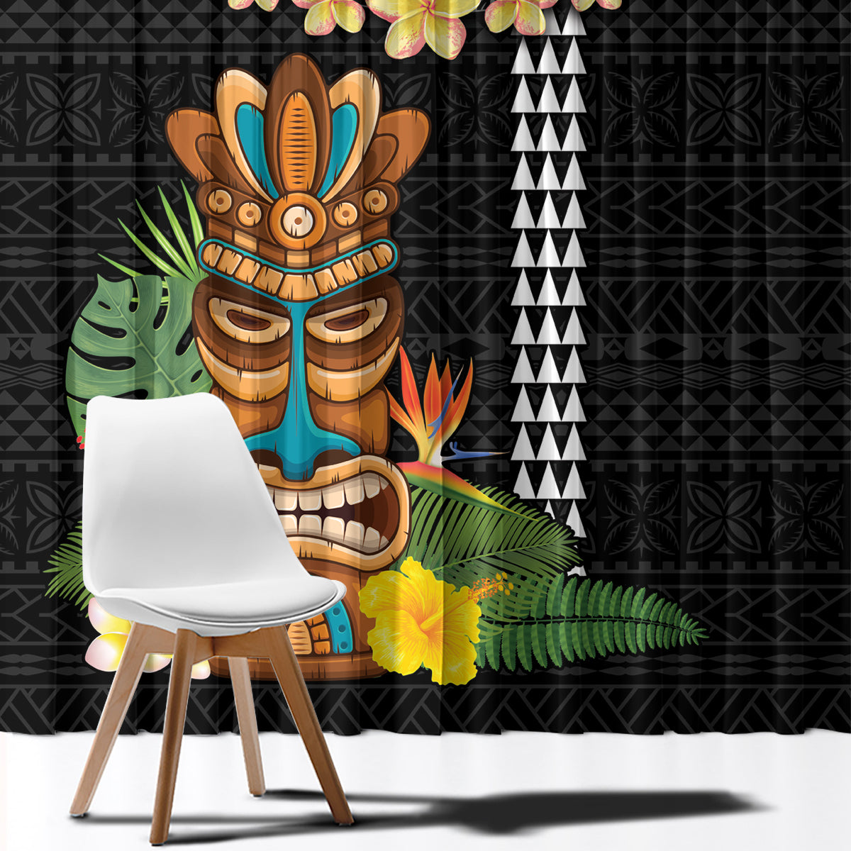 Hawaii Plumeria Lei Window Curtain Tiki and Kakau Pattern Black Color LT03 - Polynesian Pride