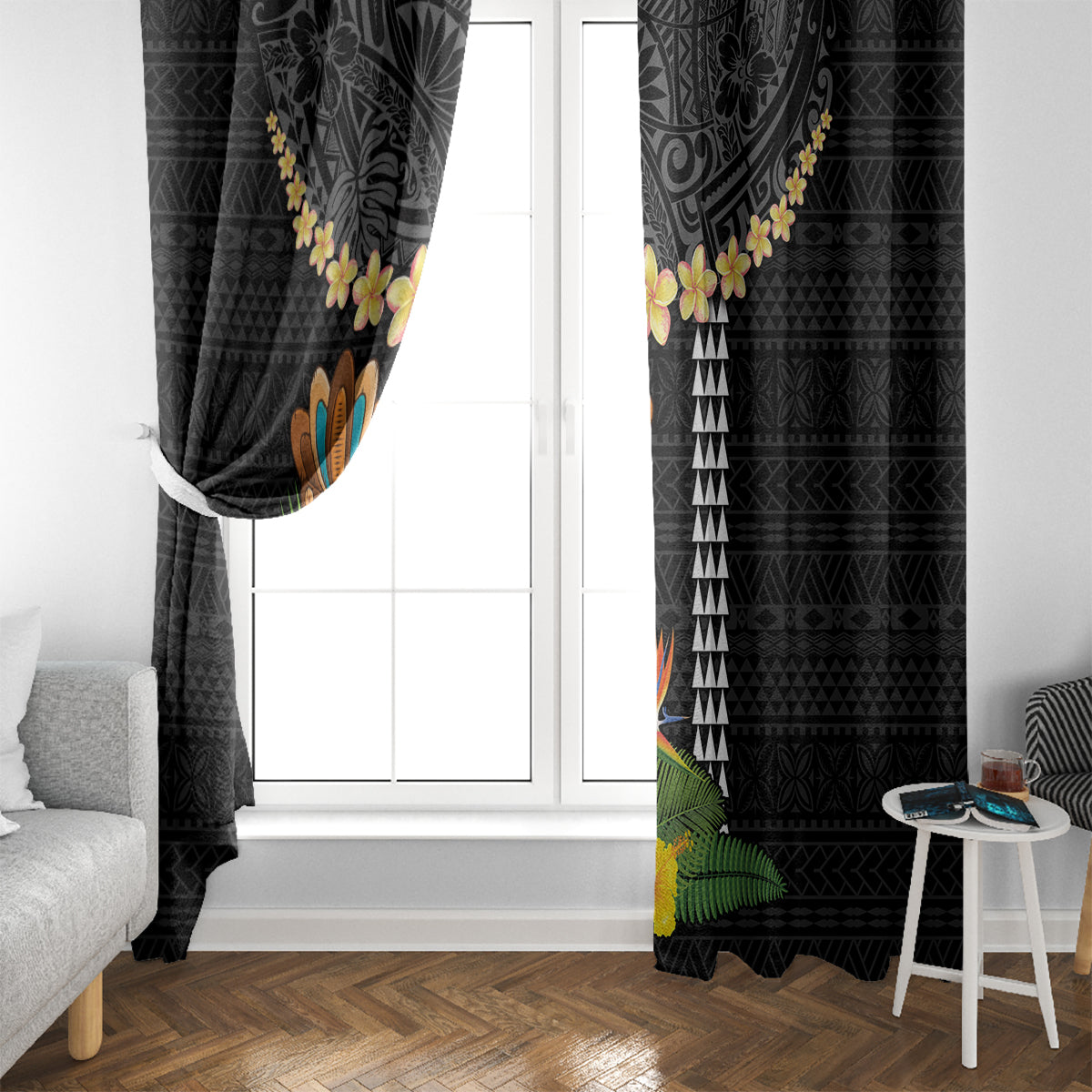 Hawaii Plumeria Lei Window Curtain Tiki and Kakau Pattern Black Color LT03 - Polynesian Pride