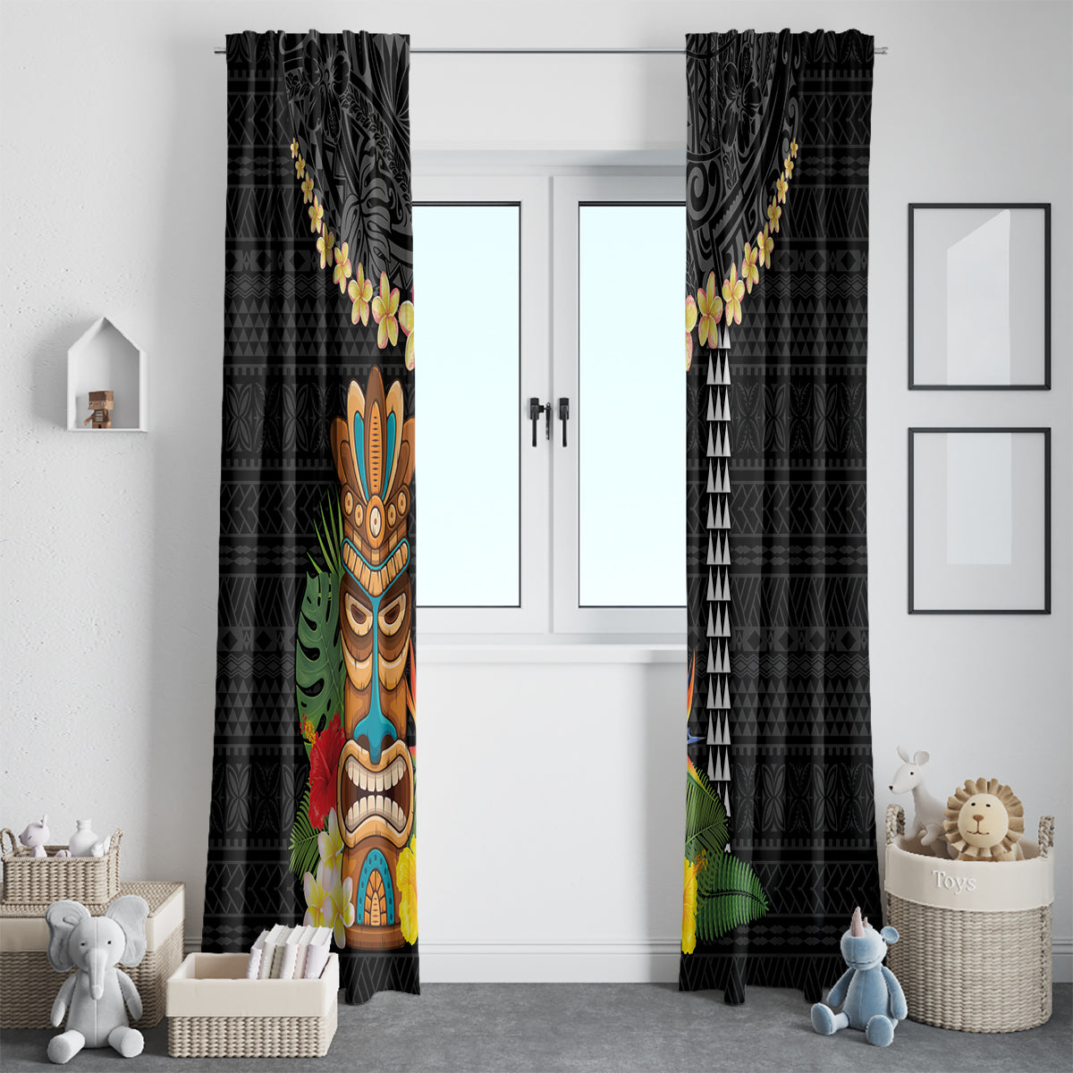 Hawaii Plumeria Lei Window Curtain Tiki and Kakau Pattern Black Color LT03 - Polynesian Pride